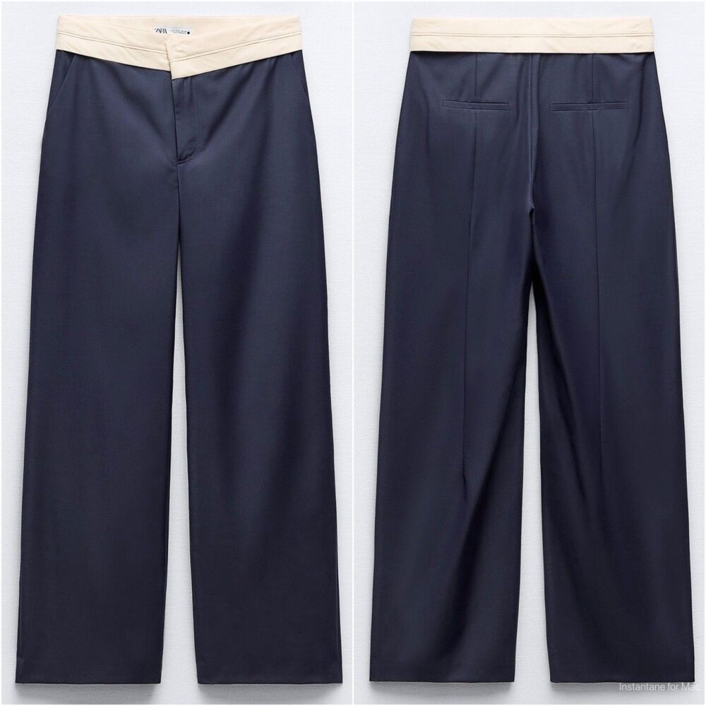 NWT Zara Navy Blue Wide Leg Asymmetric Contrast Waist Pants Women Size M (A1)